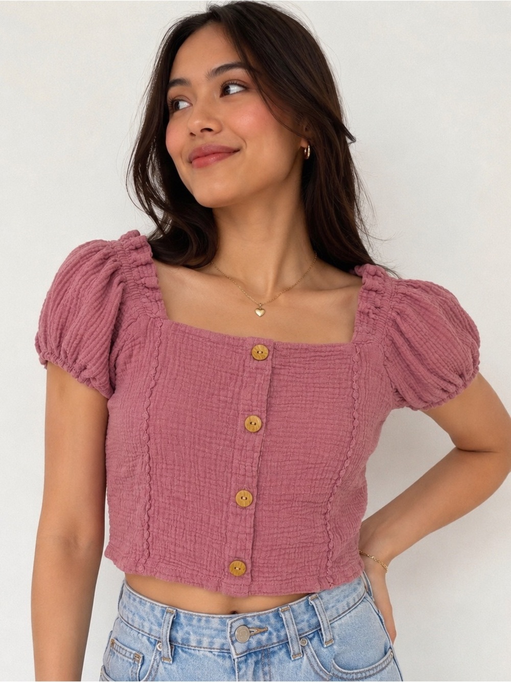 Paper Doll Dusty Rose Textured Gauze Puff Sleeve Button Front Crop Top